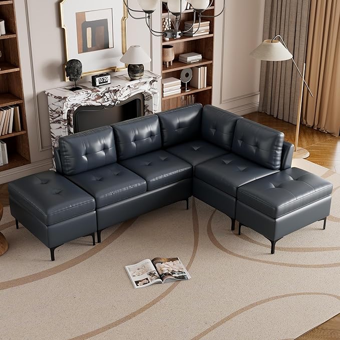 94.88" PU Leather L Shaped Sofa with Reversible Chaise Lounge, Storage Ottoman, Button Tufted Backrest&Cushion, 6-Seater Upholstered Corner Sectional Couches for Living Room Office Apartment - LeafyLoom