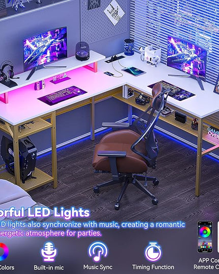 Reversible L Shaped Computer Desk with Power Outlet & Monitor Stand, 55 Inch Office Desk with RGB LED Light, Sturdy Corner Desk with Storage Shelf, Gaming Table, Easy to Assemble, White - LeafyLoom
