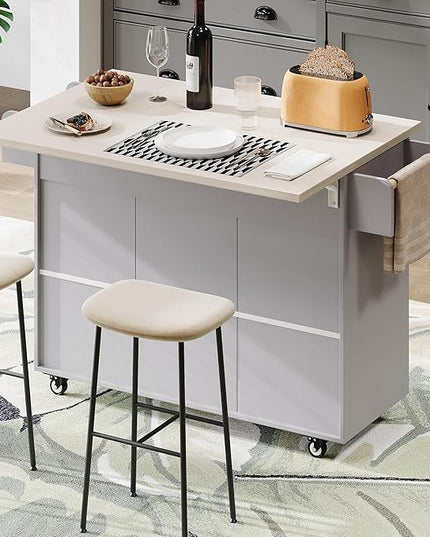 51.06 Inch Rolling Kitchen Cart with Trash Can Storage Cabinet & Drop Leaf, Portable Mobile Islands Table w/Adjustable Shelf, Spice, Towel Rack and Drawers, for Dining Room, Grey - LeafyLoom