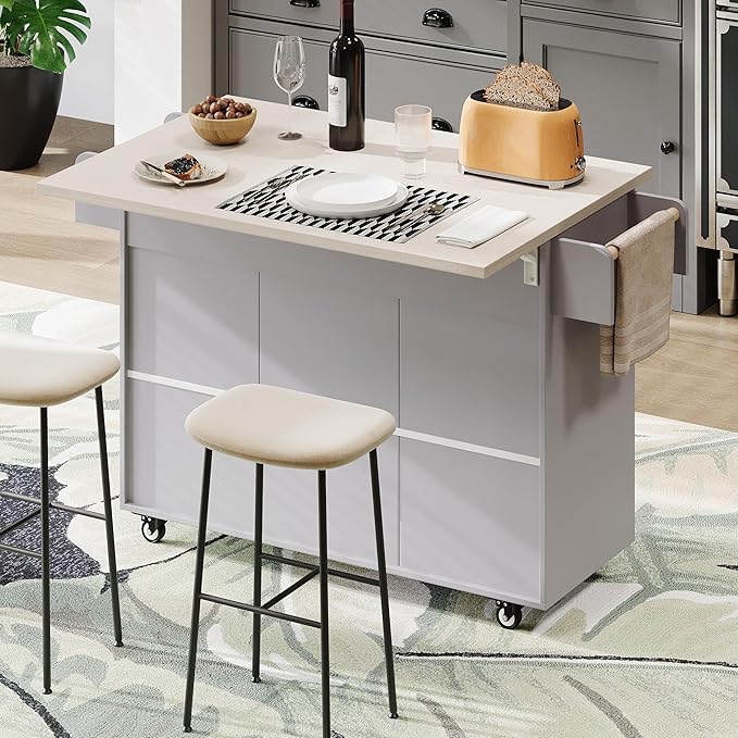 51.06 Inch Rolling Kitchen Cart with Trash Can Storage Cabinet & Drop Leaf, Portable Mobile Islands Table w/Adjustable Shelf, Spice, Towel Rack and Drawers, for Dining Room, Grey - LeafyLoom