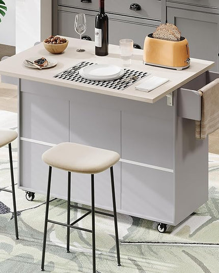 Kitchen Island with Trash Can Storage Cabinet, Kitchen Cart with Drop Leaf, Spice Rack, Towel Rack and Drawer, Rolling Kitchen Island on Wheels with Adjustable Shelf, Grey - LeafyLoom
