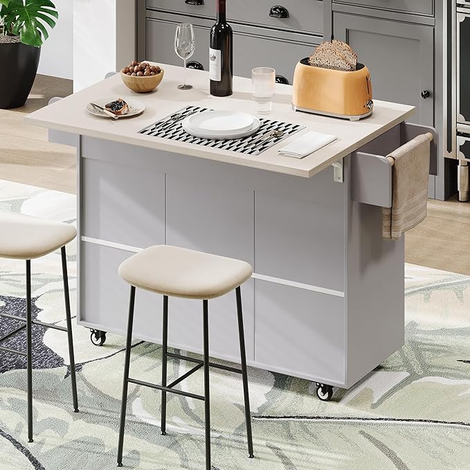 Kitchen Island with Trash Can Storage Cabinet, Kitchen Cart with Drop Leaf, Spice Rack, Towel Rack and Drawer, Rolling Kitchen Island on Wheels with Adjustable Shelf, Grey - LeafyLoom