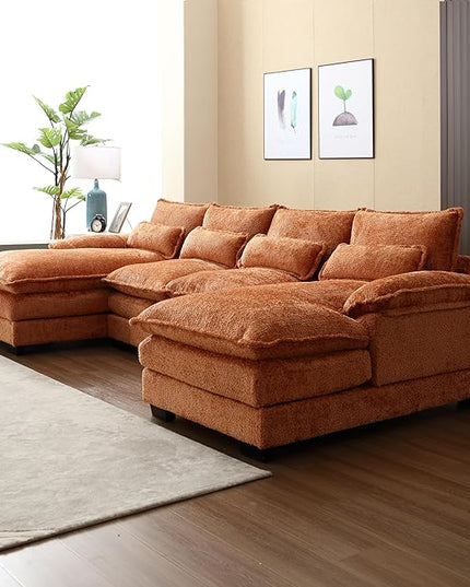 110.63" Chenille Fabric Upholstered Sectional Sofa with Double Chaises & Solid Wood Legs, U-Shape Oversized Modular Couch with 2 Layered & Detachable Seat Cushions for Living Room, Apartment - LeafyLoom