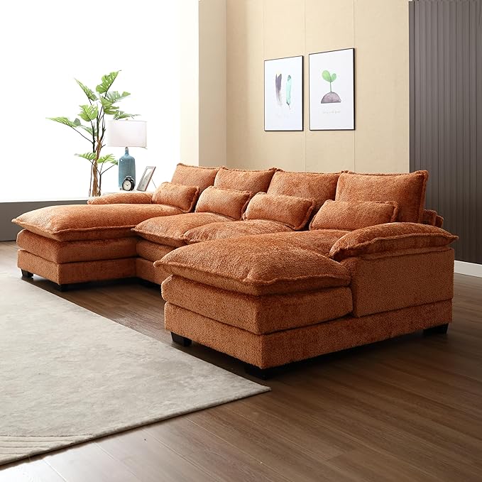 110.63" Chenille Fabric Upholstered Sectional Sofa with Double Chaises & Solid Wood Legs, U-Shape Oversized Modular Couch with 2 Layered & Detachable Seat Cushions for Living Room, Apartment - LeafyLoom