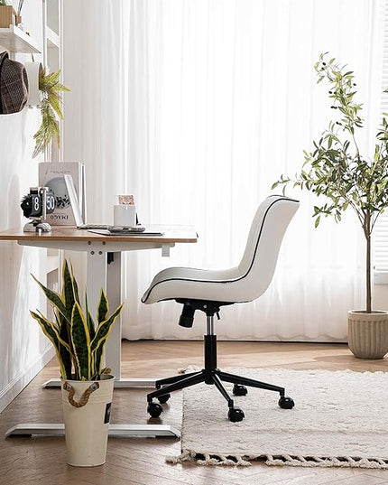 YOUNIKE White Office Chair Swivel Leather Desk Chair, Upholstered Adjustable Computer Task Chair with Wheels, Modern Armless Rolling Gaming Chair Mid Back - LeafyLoom