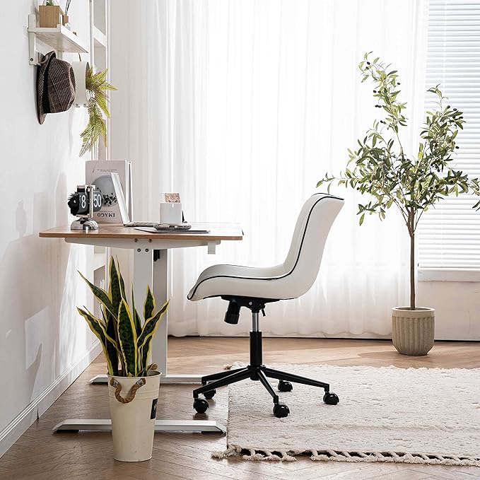 YOUNIKE White Office Chair Swivel Leather Desk Chair, Upholstered Adjustable Computer Task Chair with Wheels, Modern Armless Rolling Gaming Chair Mid Back - LeafyLoom