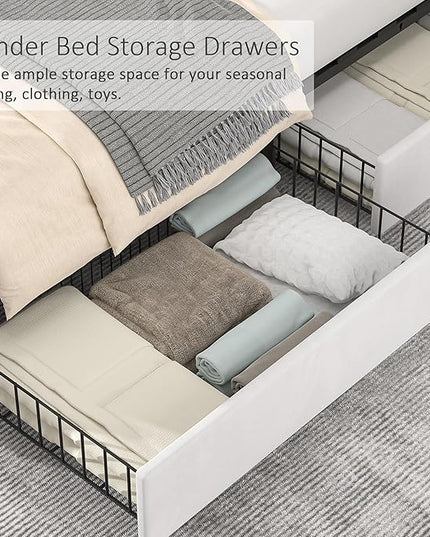 VECELO Queen Size Upholstered Platform Bed Frame with 4 Storage Drawers, Adjustable Velvet Rivets Headboard, Wooden Slats Support, No Box Spring Needed, Easy Assembly - LeafyLoom