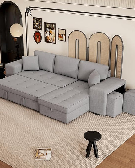 L Shaped Reversible Sleeper Sectional Sofa Pull Out Couch Bed with Storage Chaise Lounge and 2 Stools, Button Tufted Chenille Upholstered Convertible Pullout Sofabed for Living Room Office - LeafyLoom