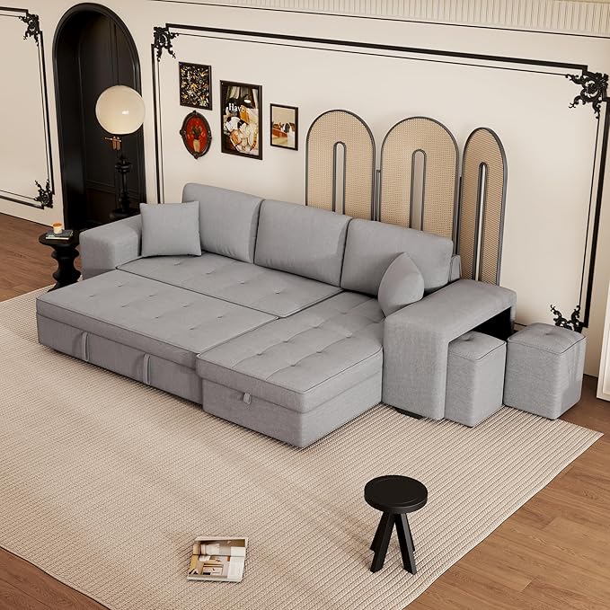 L Shaped Reversible Sleeper Sectional Sofa Pull Out Couch Bed with Storage Chaise Lounge and 2 Stools, Button Tufted Chenille Upholstered Convertible Pullout Sofabed for Living Room Office - LeafyLoom