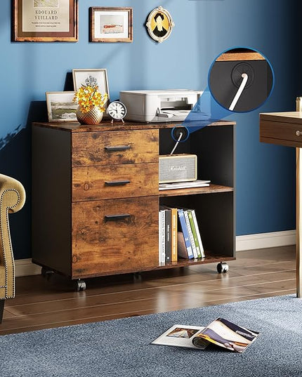 DEVAISE 3-Drawer Wood File Cabinet, Mobile Lateral Filing Cabinet, Printer Stand with Open Storage Shelves for Home Office, Rustic Brown - LeafyLoom
