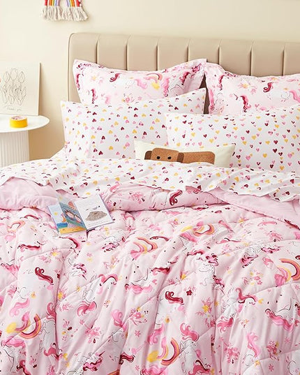 Twin Unicorn Kids Bedding Set for Girls, 5 Pieces Super Soft Lightweight Microfiber Comforter Set with Sheets, Bed in a Bag, Durable Children Bed Set - LeafyLoom