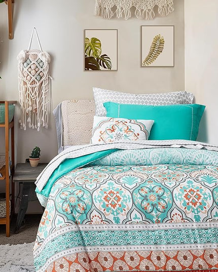 Degrees of Comfort Bed in a Bag Twin XL, Boho Medallion Comforter Sets for College, Microfiber 6 Pieces Bedding Set with Sheet, Matching Decorative Pillow, Aqua - LeafyLoom