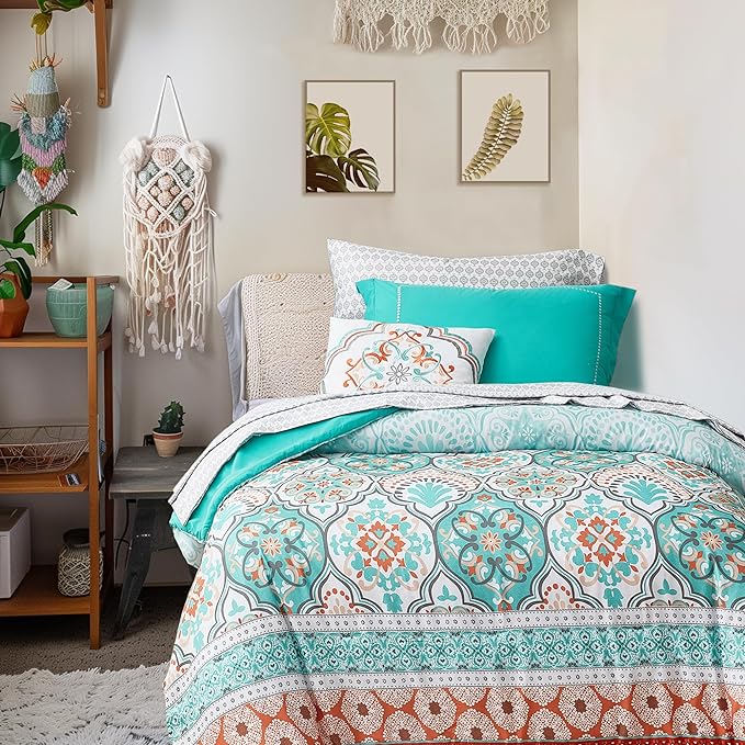 Degrees of Comfort Bed in a Bag Twin XL, Boho Medallion Comforter Sets for College, Microfiber 6 Pieces Bedding Set with Sheet, Matching Decorative Pillow, Aqua - LeafyLoom