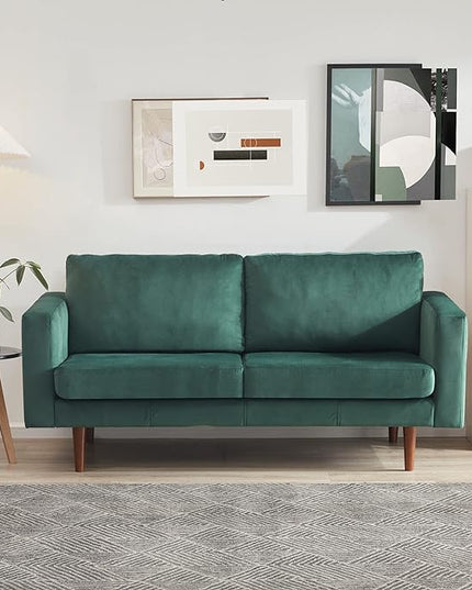 Dreamsir 65'' Velvet Sofa Couch, Mid-Century Modern Sofa Loveseat with Solid Wooden Frame & Padded Cushions, 2-Seater Love Seat for Living Room, Apartment, Lounge Room (Vintage Green) - LeafyLoom