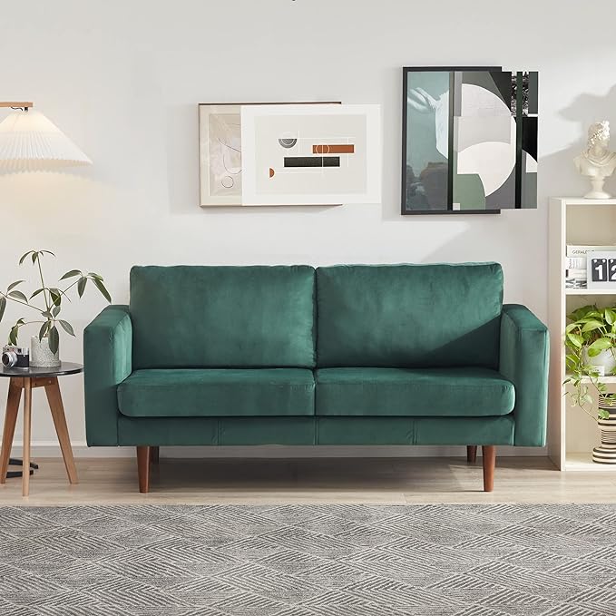 Dreamsir 65'' Velvet Sofa Couch, Mid-Century Modern Sofa Loveseat with Solid Wooden Frame & Padded Cushions, 2-Seater Love Seat for Living Room, Apartment, Lounge Room (Vintage Green) - LeafyLoom