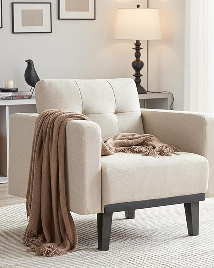 Mid-Century Accent Chair,Beige Linen Fabric Armchair for Living Room,Oversized Upholstered Single Sofa Chair for Bedroom Office Study,Comfy Accent Chairs with Wood Legs, Beige - LeafyLoom