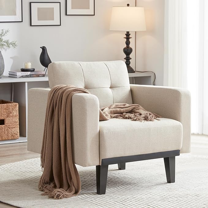Mid-Century Accent Chair,Beige Linen Fabric Armchair for Living Room,Oversized Upholstered Single Sofa Chair for Bedroom Office Study,Comfy Accent Chairs with Wood Legs, Beige - LeafyLoom