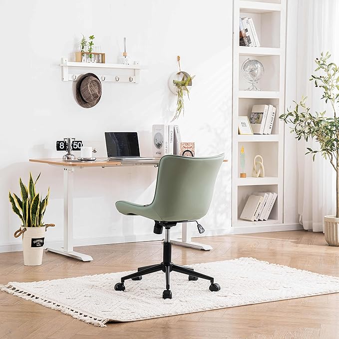 YOUNIKE Armless Office Chair Swivel Desk Chair, Upholstered Leather Computer Gaming Chair with Wheels, Adjustable Modern Rolling Task Chair Mid Back, Mint Green - LeafyLoom