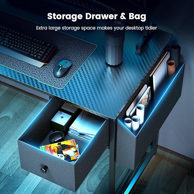 Gaming Desk, 47 inch L Shaped Gaming Desk, Computer Desk with LED Lights & Adjustable Stand, Power Outlets, Storage Drawer, Reversible Gaming Desk with Shelves, Hook, Black Carbon Fiber - LeafyLoom