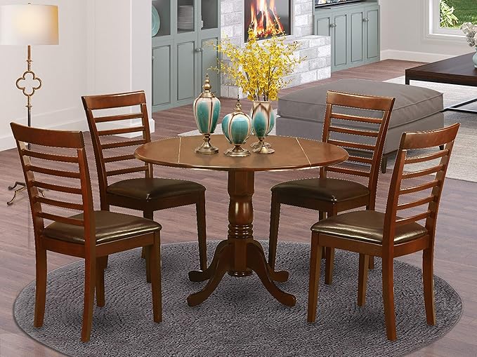 East West Furniture DLML5-MAH-LC 5 Piece Modern Set Includes a Round Wooden Table with Dropleaf and 4 Faux Leather Upholstered Dining Chairs, 42x42 Inch - LeafyLoom