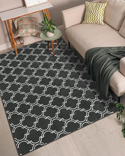 Chicrug Shag Geometric Modern Area Rug for Bedroom, 4x6 Feet Memory Foam Indoor Carpet, Fluffy Rug for Living room Bedside Room Decor for Family Girls Kids Nursery Play Mat, Dark Grey/White - LeafyLoom