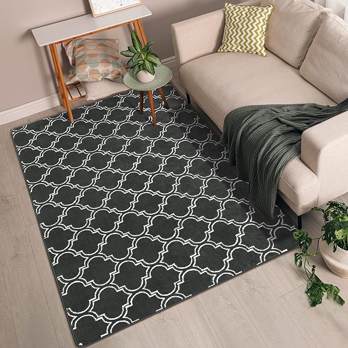 Chicrug Shag Geometric Modern Area Rug for Bedroom, 4x6 Feet Memory Foam Indoor Carpet, Fluffy Rug for Living room Bedside Room Decor for Family Girls Kids Nursery Play Mat, Dark Grey/White - LeafyLoom