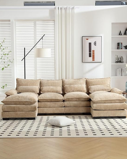 6 Seater Overstuffed Modular Sectional Sofa Cloud Couch with Double Chaise Lounge, U Shaped Chenille Upholstered Leisure Sofa&Couches with Memory Foam and Waist Pillows for Living Room Office - LeafyLoom