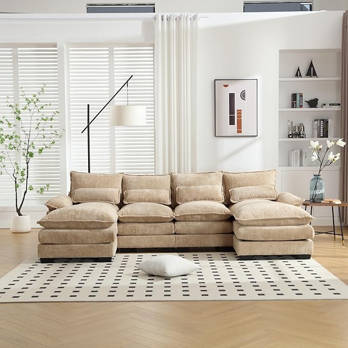 6 Seater Overstuffed Modular Sectional Sofa Cloud Couch with Double Chaise Lounge, U Shaped Chenille Upholstered Leisure Sofa&Couches with Memory Foam and Waist Pillows for Living Room Office - LeafyLoom