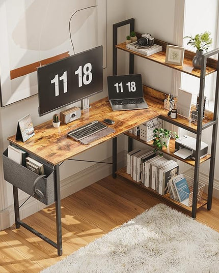 Treesland 47 Inch Computer Desk with Bookshelf, Corner Desk with Storage, L Shaped Desk, Home Office Desks, Writing Study Desk for Bedroom, Brown - LeafyLoom