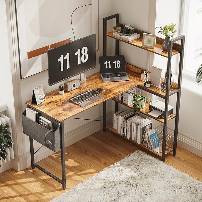 Treesland 47 Inch Computer Desk with Bookshelf, Corner Desk with Storage, L Shaped Desk, Home Office Desks, Writing Study Desk for Bedroom, Brown - LeafyLoom