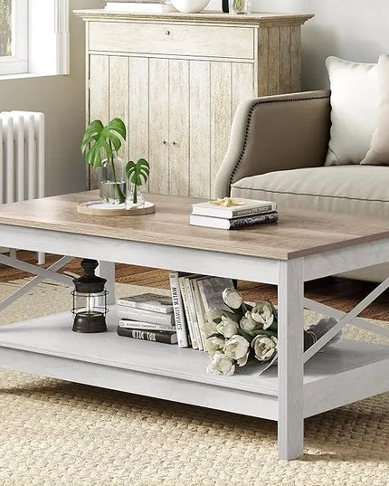 YITAHOME Coffee Table for Living Room,Modern Farmhouse Coffee Table with Storage,2-Tier Center Table for Living Room Wood Living Room Table Accent Cocktail with Sturdy Frame,Grey Wash - LeafyLoom