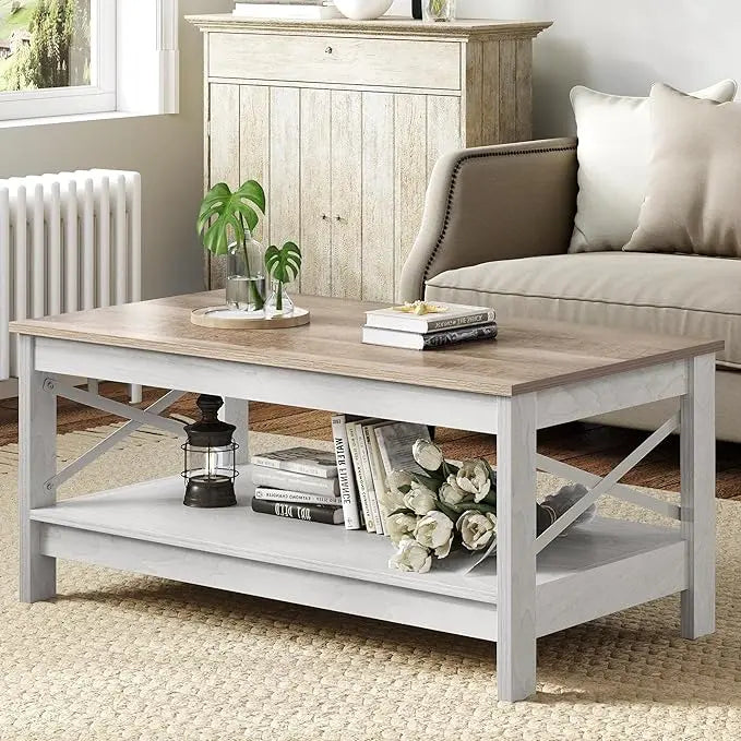 YITAHOME Coffee Table for Living Room,Modern Farmhouse Coffee Table with Storage,2-Tier Center Table for Living Room Wood Living Room Table Accent Cocktail with Sturdy Frame,Grey Wash - LeafyLoom