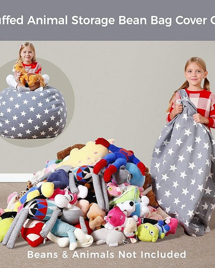 Aubliss Stuffed Animal Bean Bag Storage Chair, Beanbag Covers Only for Organizing Plush Toys, Turns into Bean Bag Seat for Kids When Filled, Medium 32"-Canvas Stars Grey - LeafyLoom