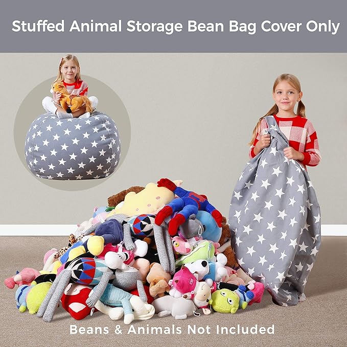 Aubliss Stuffed Animal Bean Bag Storage Chair, Beanbag Covers Only for Organizing Plush Toys, Turns into Bean Bag Seat for Kids When Filled, Medium 32"-Canvas Stars Grey - LeafyLoom