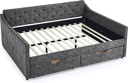 Queen Size Daybed with 2 Drawers, Upholstered Tufted Sofa Bed, with Button Back and Waved Shape Arms, Wood Slat Support, No Spring Box Need, for Bedroom, Livingroom - LeafyLoom