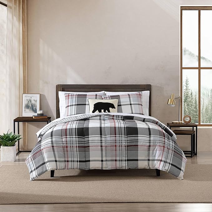 Eddie Bauer- King Comforter Set, Reversible Microsuede Bedding with Matching Sham(s), Casual Home Decor (Normandy Plaid Black, King) - LeafyLoom