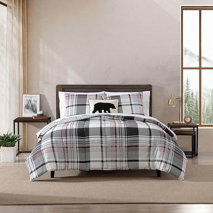 Eddie Bauer- Queen Comforter Set, Reversible Microsuede Bedding with Matching Sham(s), Casual Home Decor (Normandy Plaid Black, Queen) - LeafyLoom
