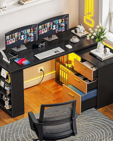DWVO L Shaped Desk with Drawers, 59" Corner Computer Desk with Power Outlets & LED Lights, 360 Rotating Corner Desk Office Desk with Bookshelf, Wood Desk, Black - LeafyLoom