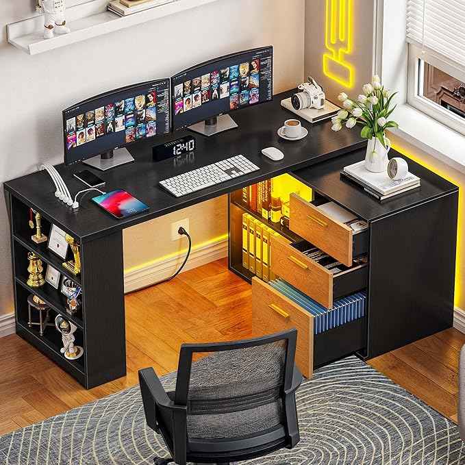 DWVO L Shaped Desk with Drawers, 59" Corner Computer Desk with Power Outlets & LED Lights, 360 Rotating Corner Desk Office Desk with Bookshelf, Wood Desk, Black - LeafyLoom