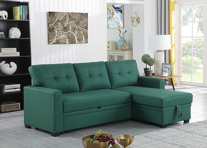 82 Inch Convertible L Shaped Sleeper Sectional Sofa Linen with Storage Chaise, Pull Out Bed,Reversible Corner Couch Design, 82inch, Green - LeafyLoom
