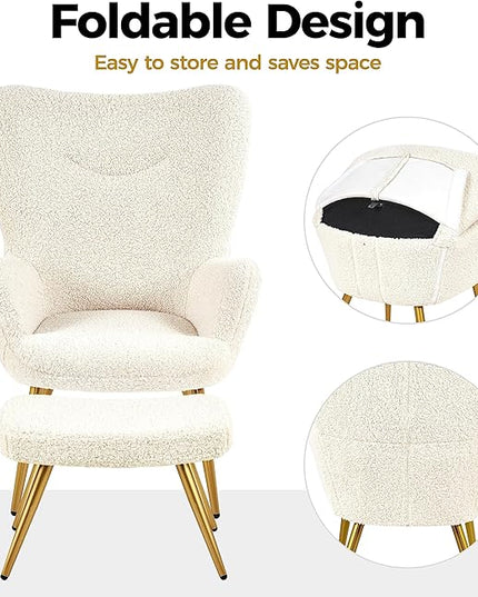 Yaheetech Accent Chair and Ottoman Set, Sherpa Armchair with Golden Metal Legs and High Back, Footstool for Living Room, Lounge, Ivory - LeafyLoom
