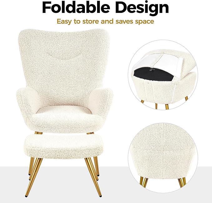 Yaheetech Accent Chair and Ottoman Set, Sherpa Armchair with Golden Metal Legs and High Back, Footstool for Living Room, Lounge, Ivory - LeafyLoom