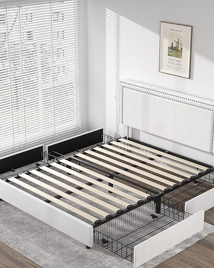 VECELO Queen Size Upholstered Platform Bed Frame with 4 Storage Drawers, Adjustable Velvet Rivets Headboard, Wooden Slats Support, No Box Spring Needed, Easy Assembly - LeafyLoom