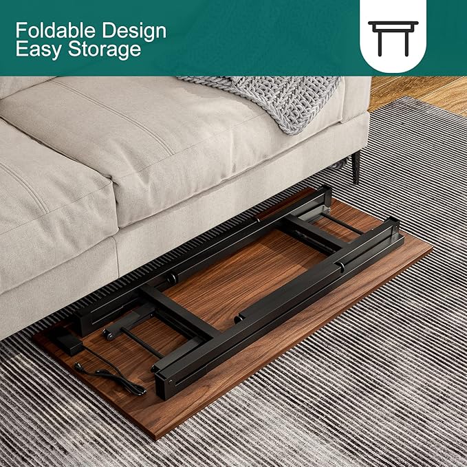 Frylr Small Foldable Desk 43.3''X 19.6''X 29.5'',Foldable Table with 2 Power Sockets and 2.1A USB Charging Ports, Folding Computer Desk for Home Office, No Install Needed, Walnut + Black Leg - LeafyLoom
