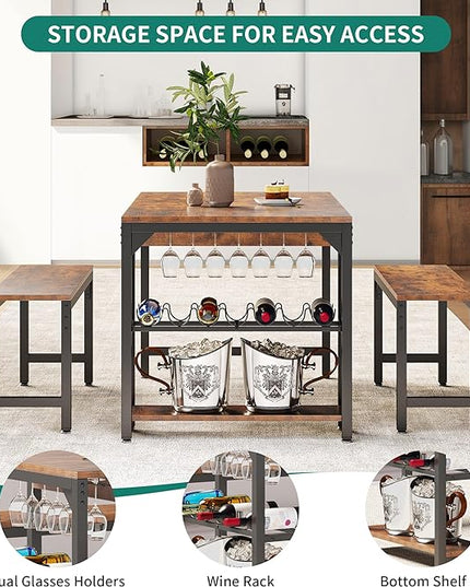 YITAHOME 63" 3 Piece Kitchen Dining Table Set for 4 with Bench & Storage, Farmhouse Rectangle Dining Room Dinner Table with Wine & Glass Holder for Space Saving, Rustic Brown - LeafyLoom