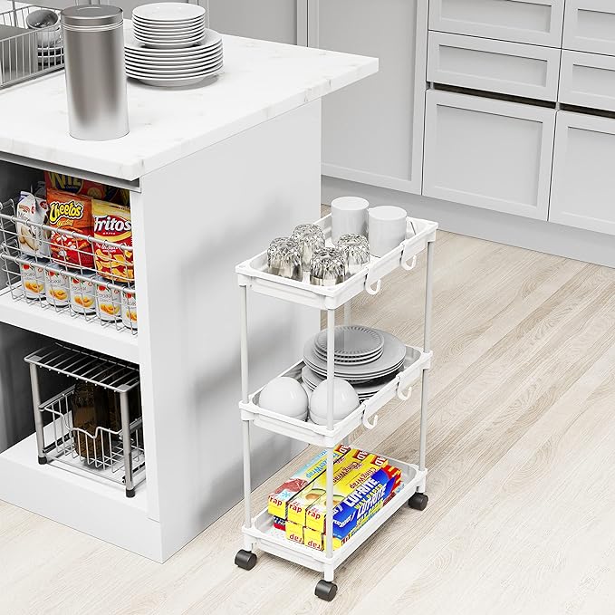 Simple Houseware Standard 3-Tier Slim Rolling Storage Cart, White - LeafyLoom