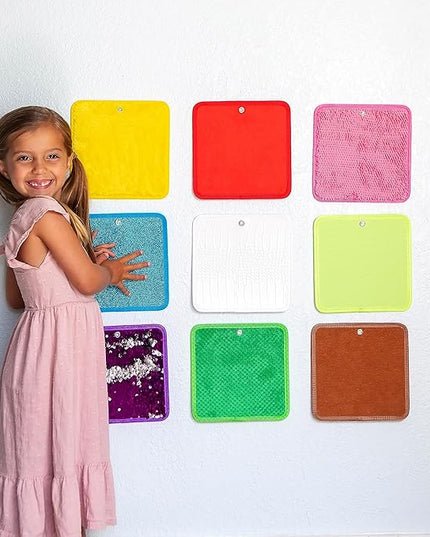 Sensory Mat Set - 9 Square 8.6-Inch Sensory Tiles for Sensory Wall, Floor & More - Mixed Colors & Textures Provide Fun Play-Based Learning for Kids Ages 3-8 - Includes Sensory Maze & Storage Bag - LeafyLoom