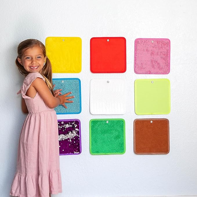 Sensory Mat Set - 9 Square 8.6-Inch Sensory Tiles for Sensory Wall, Floor & More - Mixed Colors & Textures Provide Fun Play-Based Learning for Kids Ages 3-8 - Includes Sensory Maze & Storage Bag - LeafyLoom