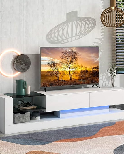 Merax TV Stand with Media Storage Cabinet, Modern High Gloss Entertainment Center for 75 Inch Television, 16 RGB LED Color Changing Lights, for Living Room, 74.8 inch Length, White - LeafyLoom