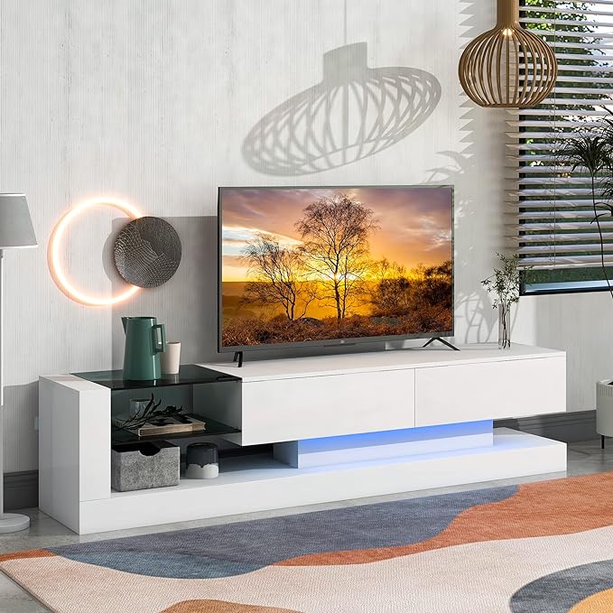 Merax TV Stand with Media Storage Cabinet, Modern High Gloss Entertainment Center for 75 Inch Television, 16 RGB LED Color Changing Lights, for Living Room, 74.8 inch Length, White - LeafyLoom